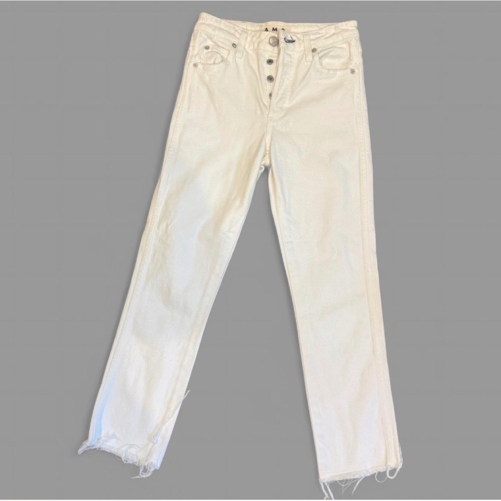 AMO Denim 2010s Sea Salt White Straight Crop Jeans Button Fly & Raw Hem Size 25 - Picture 3 of 13